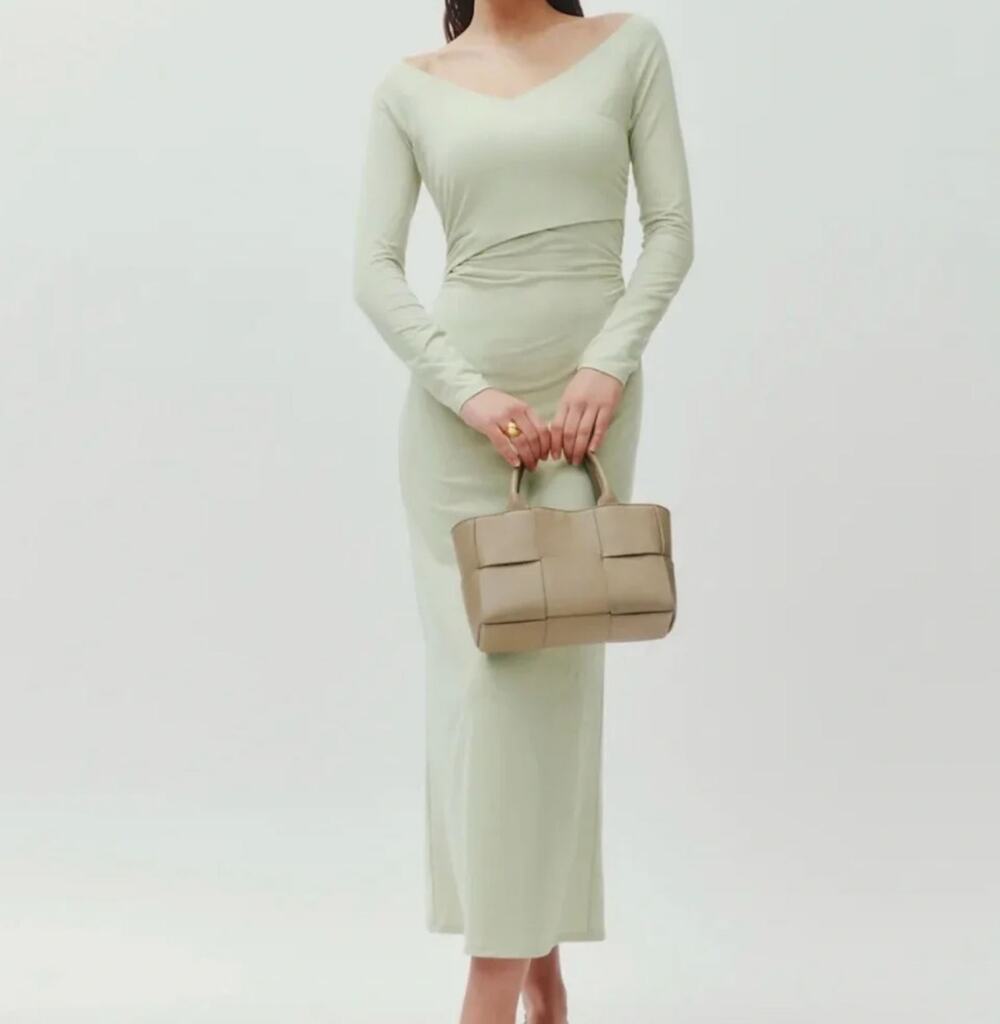 Reformation Santana Knit Midi Dress Medium Long Sleeve Ruched Stretch Green